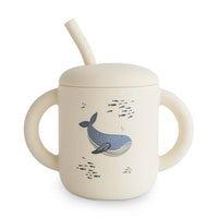 MUSHIE Trinkbecher mit Strohhalm und Deckel - Whales