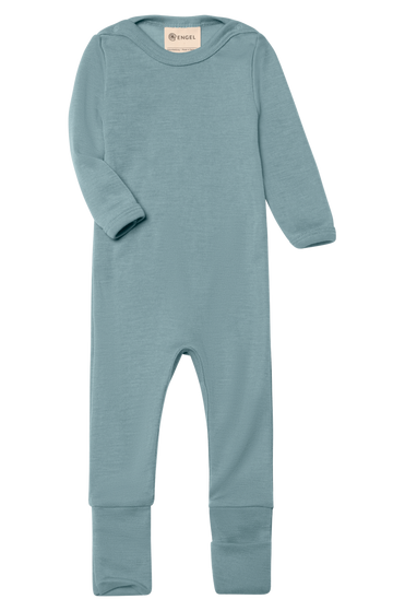 ENGEL NATUR Wolle-Seide Schlafoverall mit Umschlägen Bergblau